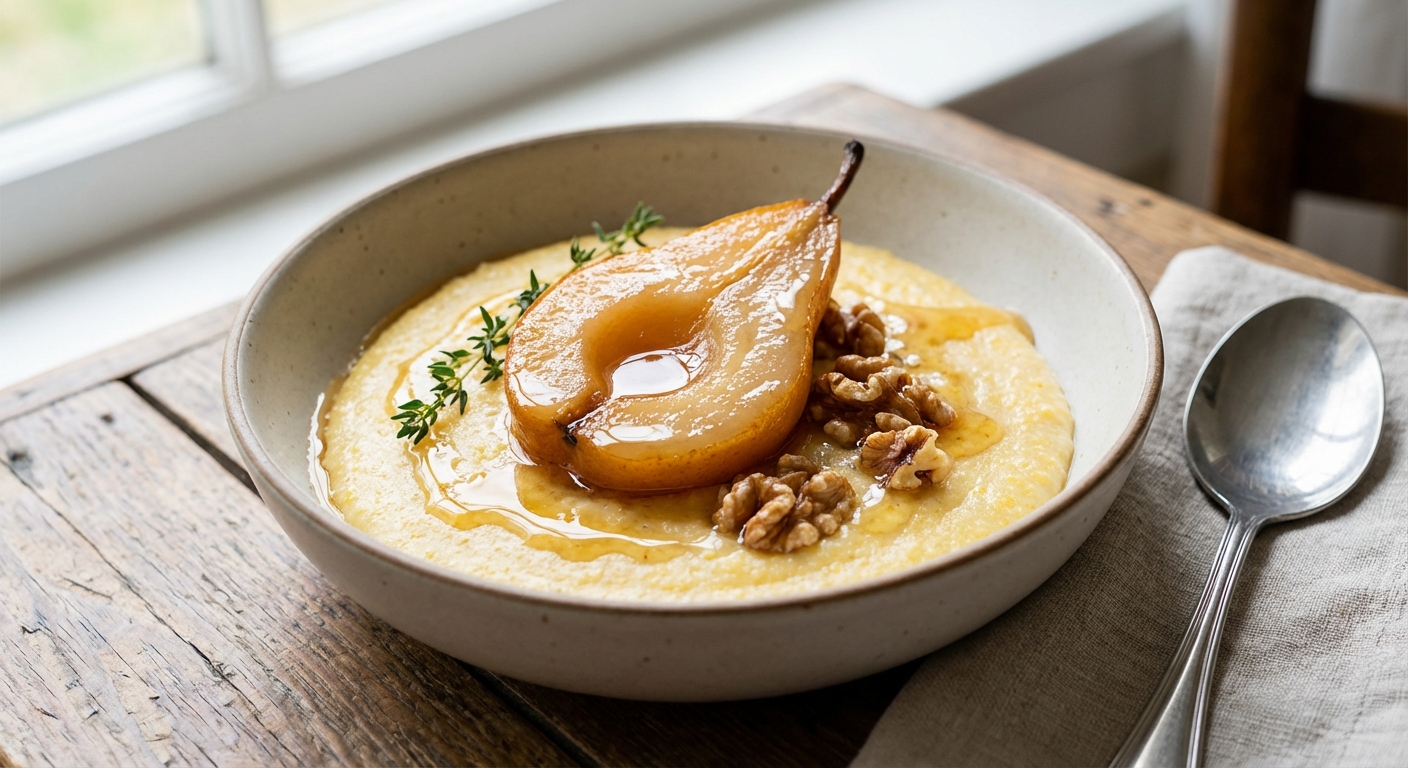 Creamy Polenta with Poached Pear & Honey