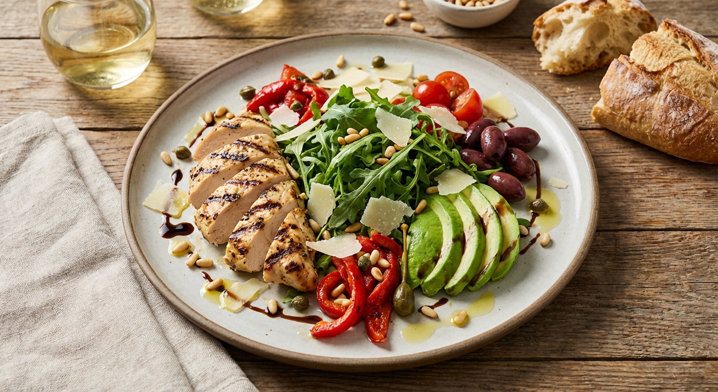 Italian-Style Grilled Chicken & Arugula Salad with Avocado & Kalamata Olives