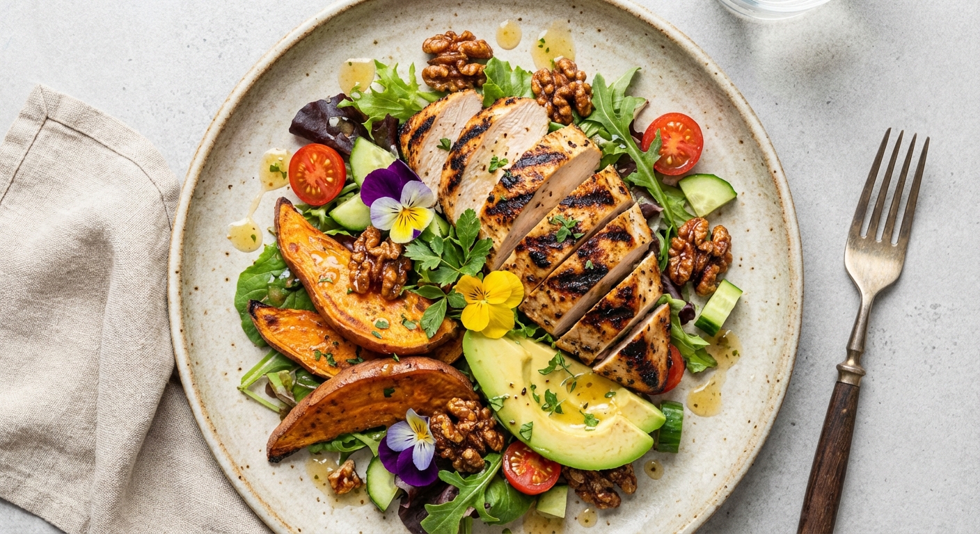 Grilled Chicken Salad with Roasted Sweet Potato & Toasted Walnuts