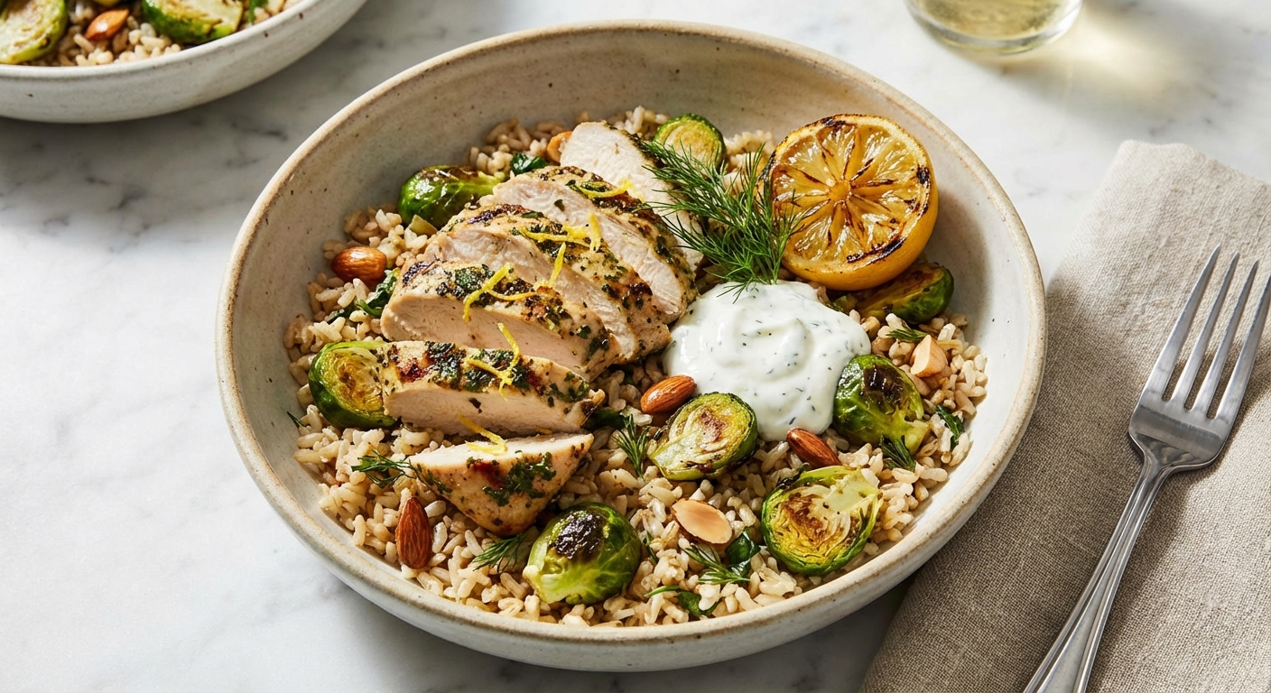 Lemon‑Herb Grilled Chicken & Charred Brussels Rice Bowl