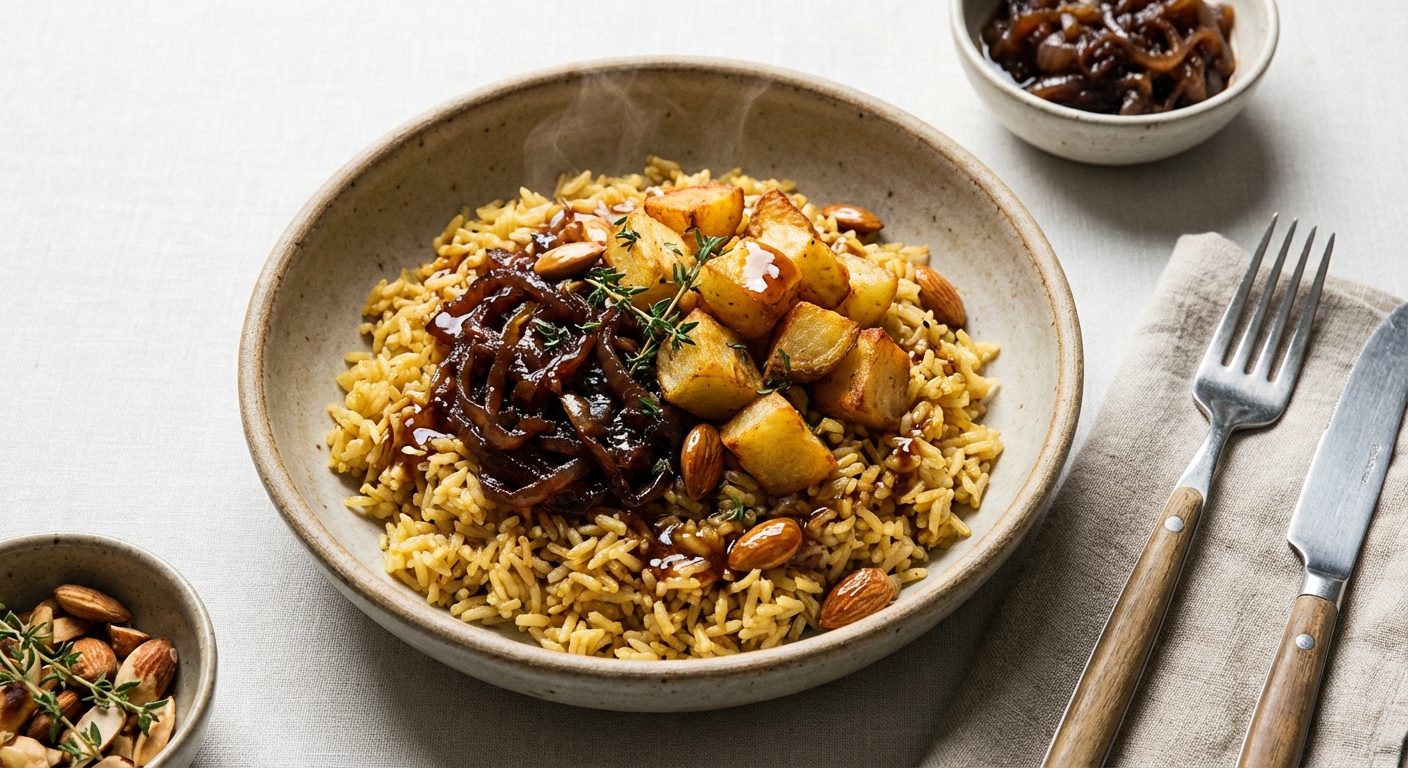 Caramelized Onion & Crispy Potato Rice Pilaf