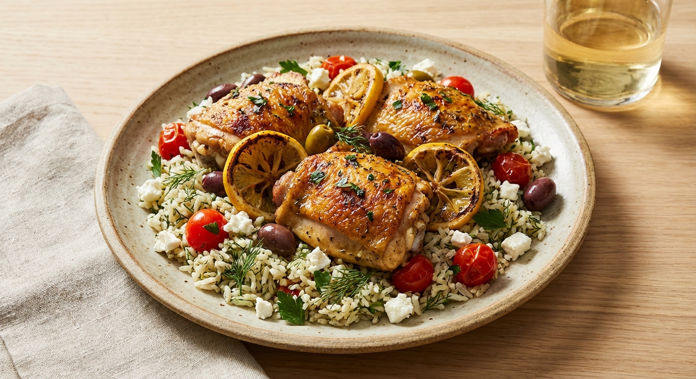 Mediterranean Lemon-Garlic Chicken with Herbed One-Pot Rice