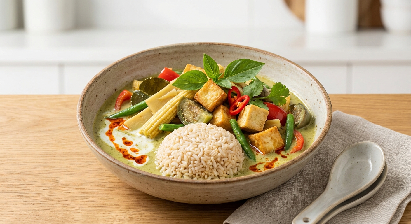 Thai Green Curry with Tofu and Vegetables over Brown Rice
