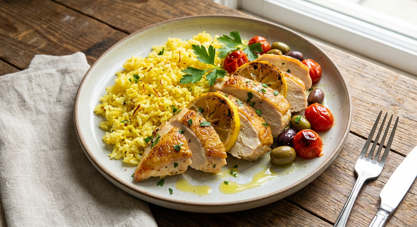 Pan-Seared Lemon-Herb Chicken Breasts with Garlic-Saffron Rice (Mediterranean-style)