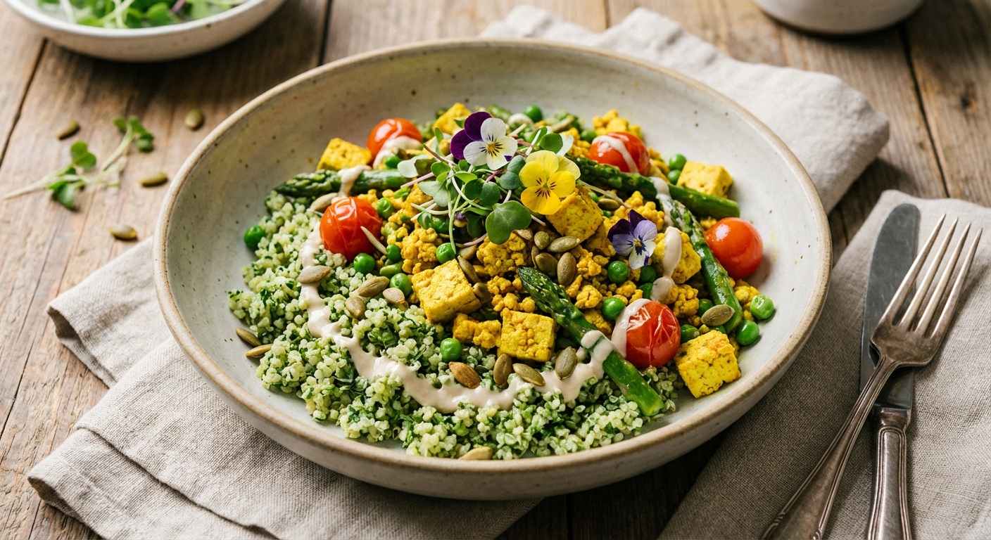 Savory Turmeric Tofu Scramble with Spring Herb Cauliflower 'Quinoa' Bowl