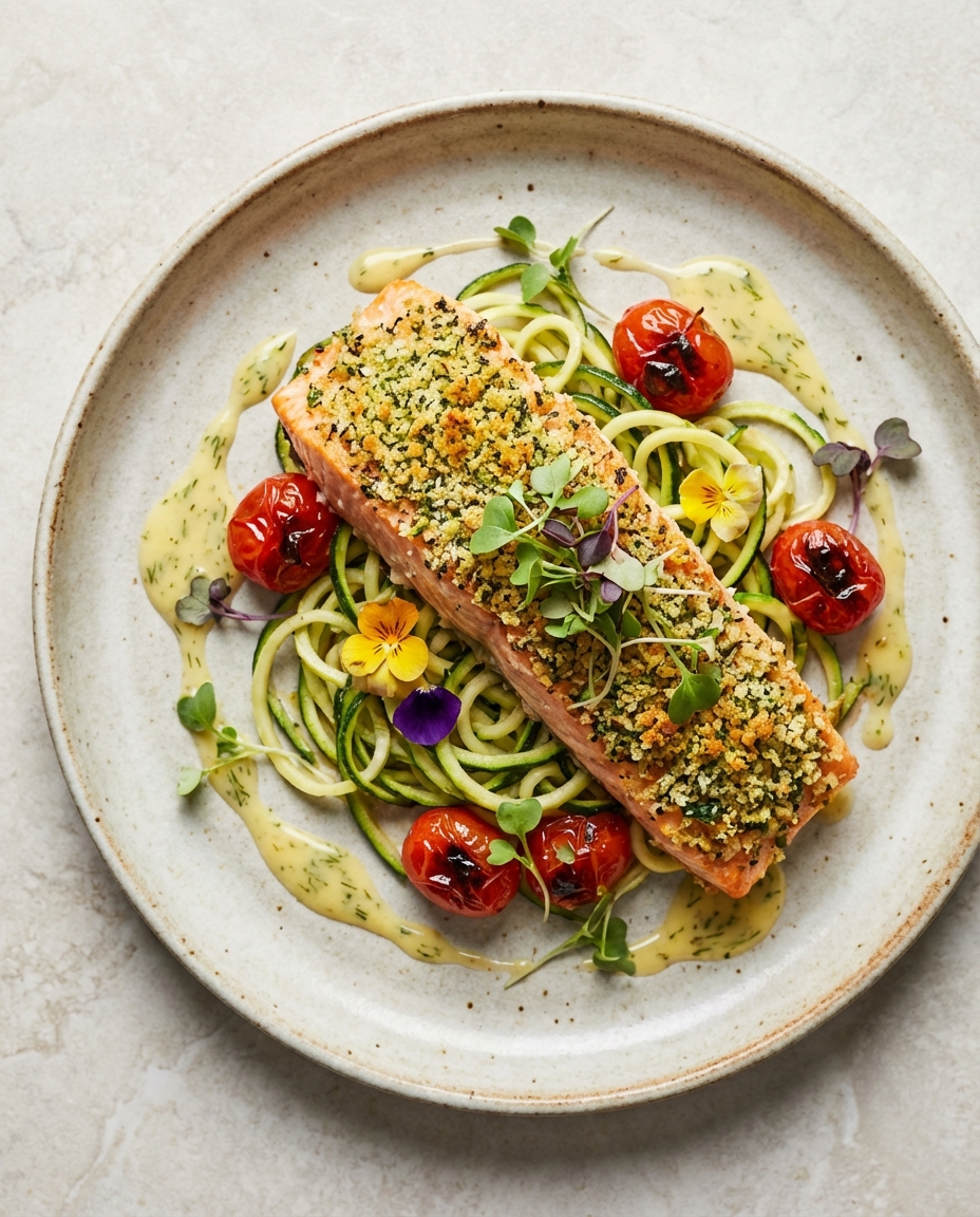 Herb-Crusted Salmon with Zucchini Noodles & Roasted Tomatoes
