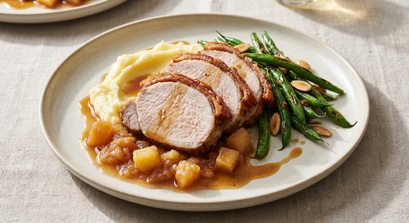 Roast Pork Loin with Apple Compote, Mashed Potatoes & Green Beans
