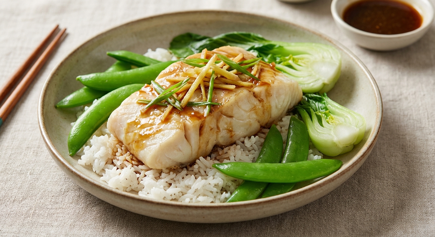 Ginger–Soy Steamed Cod over Quick Jasmine Rice with Sugar Snap Peas & Baby Bok Choy