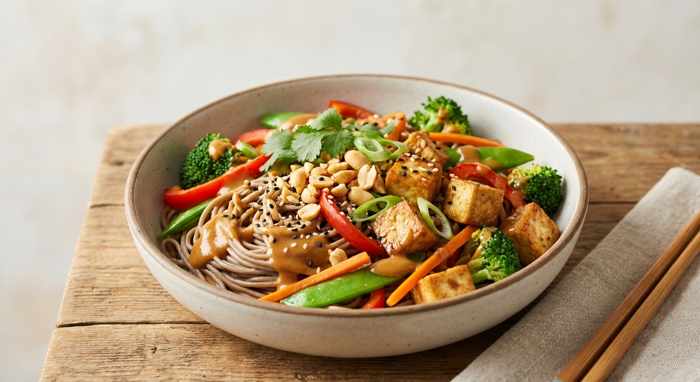 Soba Noodles with Stir-Fried Tofu, Vegetables & Peanut Sauce