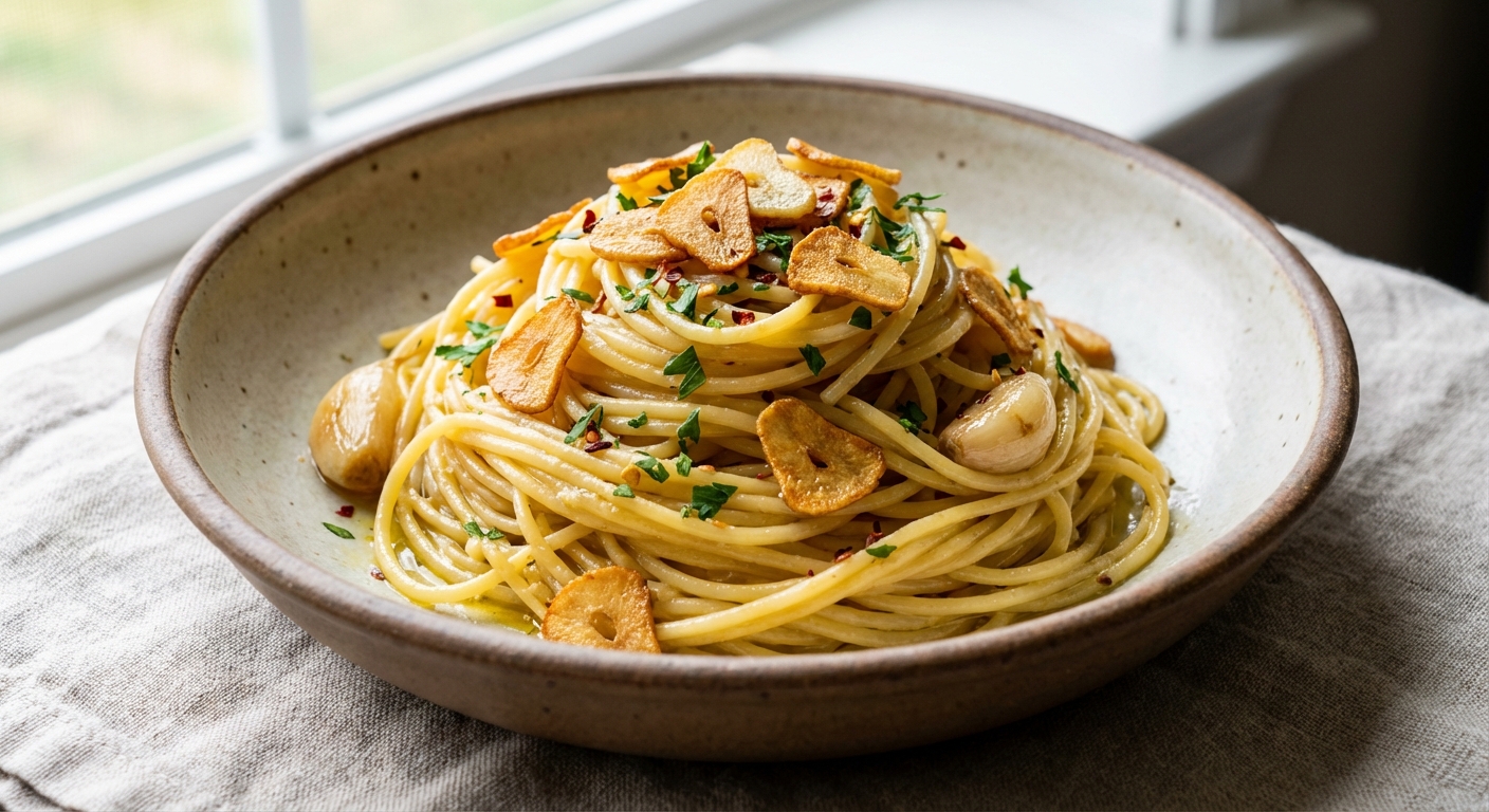 Double-Garlic Spaghetti Aglio e Olio — Roasted Garlic Purée + Crispy Garlic