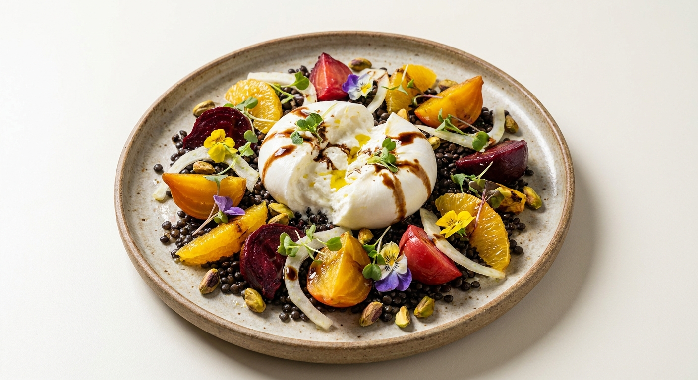 Black Beluga Lentil & Roasted Beet Salad with Fennel, Orange & Burrata