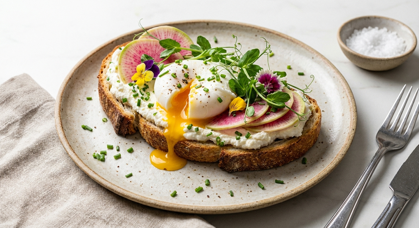 Lemon‑Chive Ricotta Toast with Soft‑Poached Egg, Radish & Pea Shoots