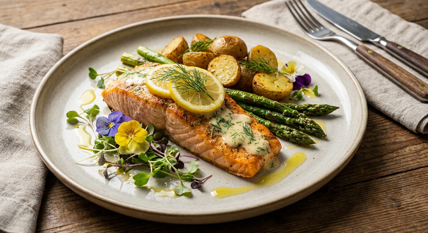 Lemon-Dill Baked Salmon with Roasted New Potatoes & Asparagus