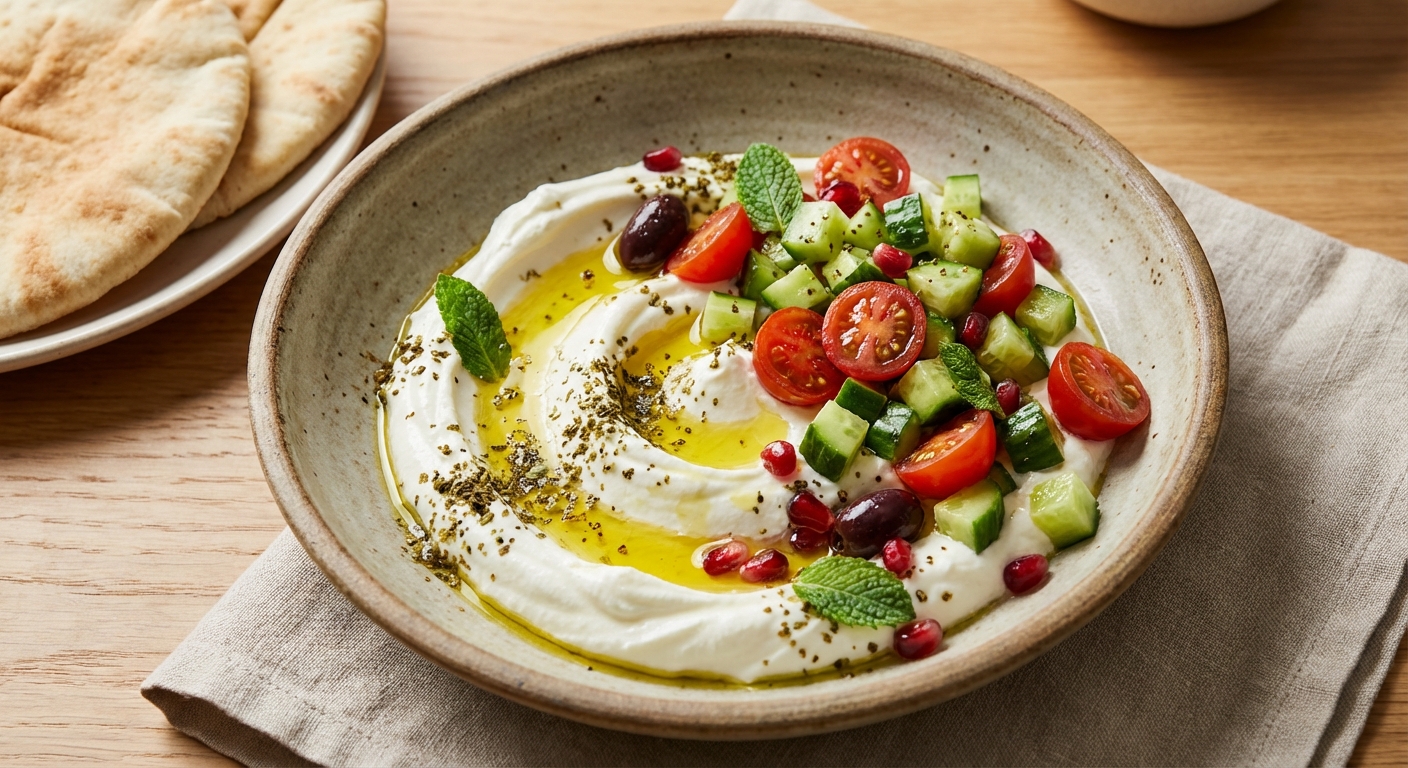 Labneh Bowl with Cucumber, Tomatoes & Olive Oil