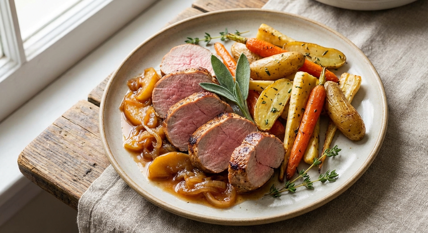 Roast Pork Tenderloin with Apple-Onion Compote & Roasted Root Vegetables