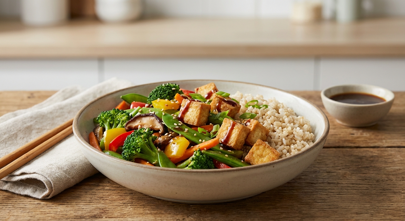 Vegetable Stir‑Fry with Crispy Tofu & Brown Rice