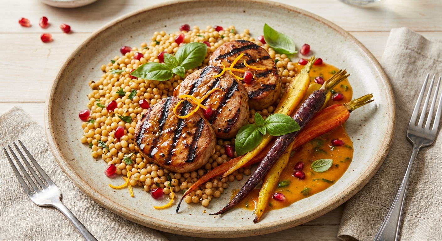 Grilled Orange‑Basil Pork Medallions with Toasted Israeli (Pearl) Couscous, Roasted Winter Carrots & Pomegranate