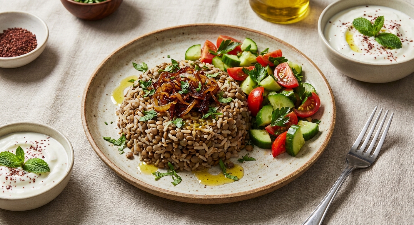 Mujaddara with Cucumber-Tomato Salad and Optional Yogurt