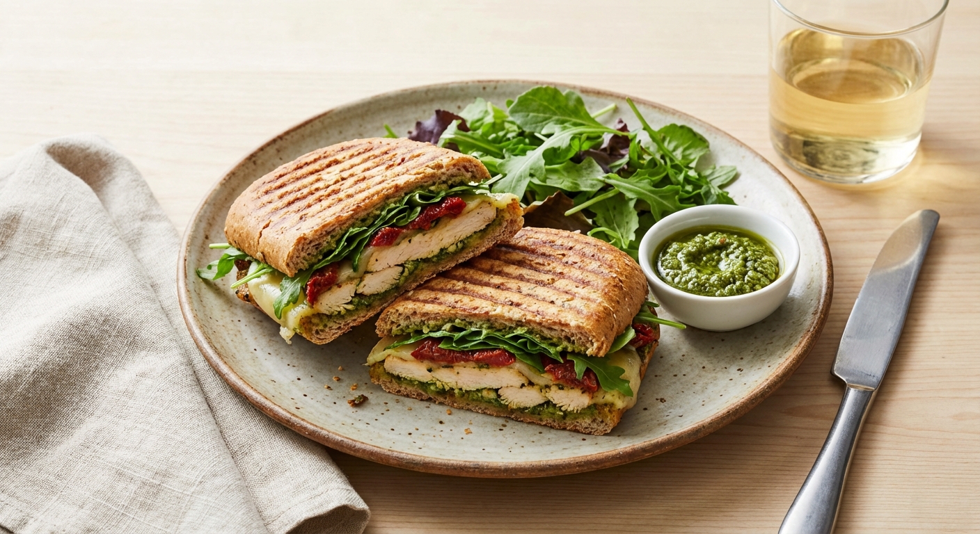 Pesto Chicken Whole-Grain Panini with Arugula & Tomato