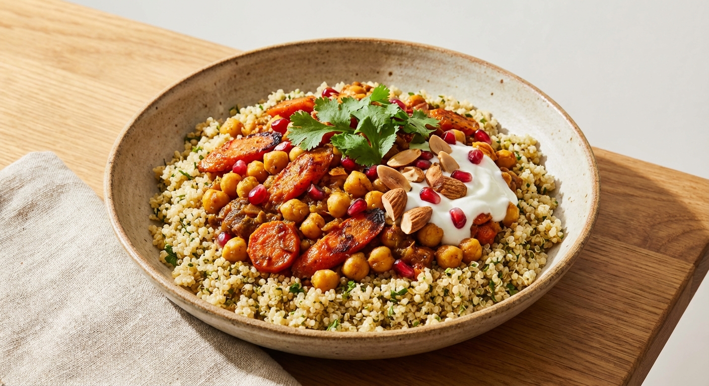 Moroccan-Spiced Chickpea & Roasted-Carrot Stew over Herbed Quinoa