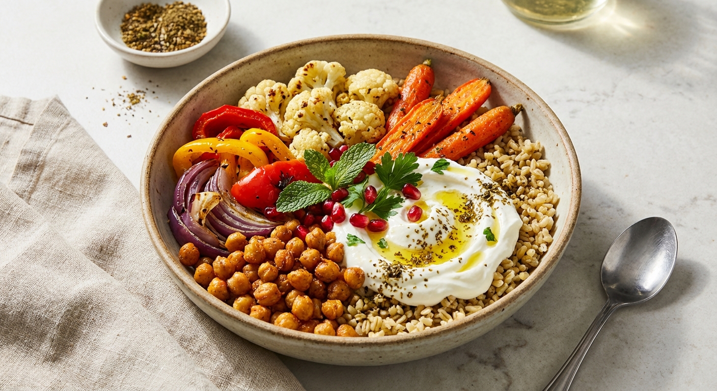 Roasted Vegetable & Chickpea Freekeh Bowl with Labneh