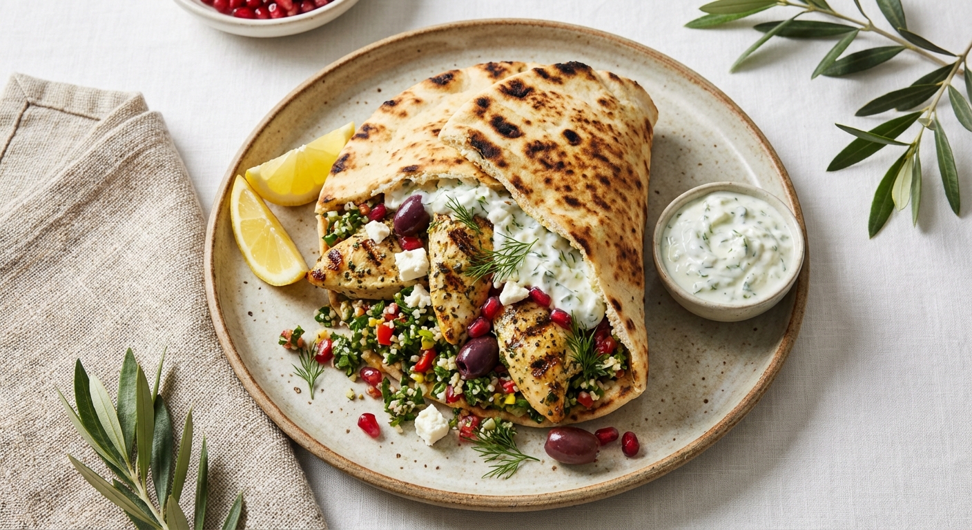 Mediterranean Chicken Pita with Tzatziki & Tabbouleh