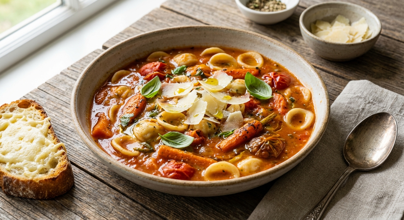 Rustic Tomato-Carrot Pasta Soup with Parmesan