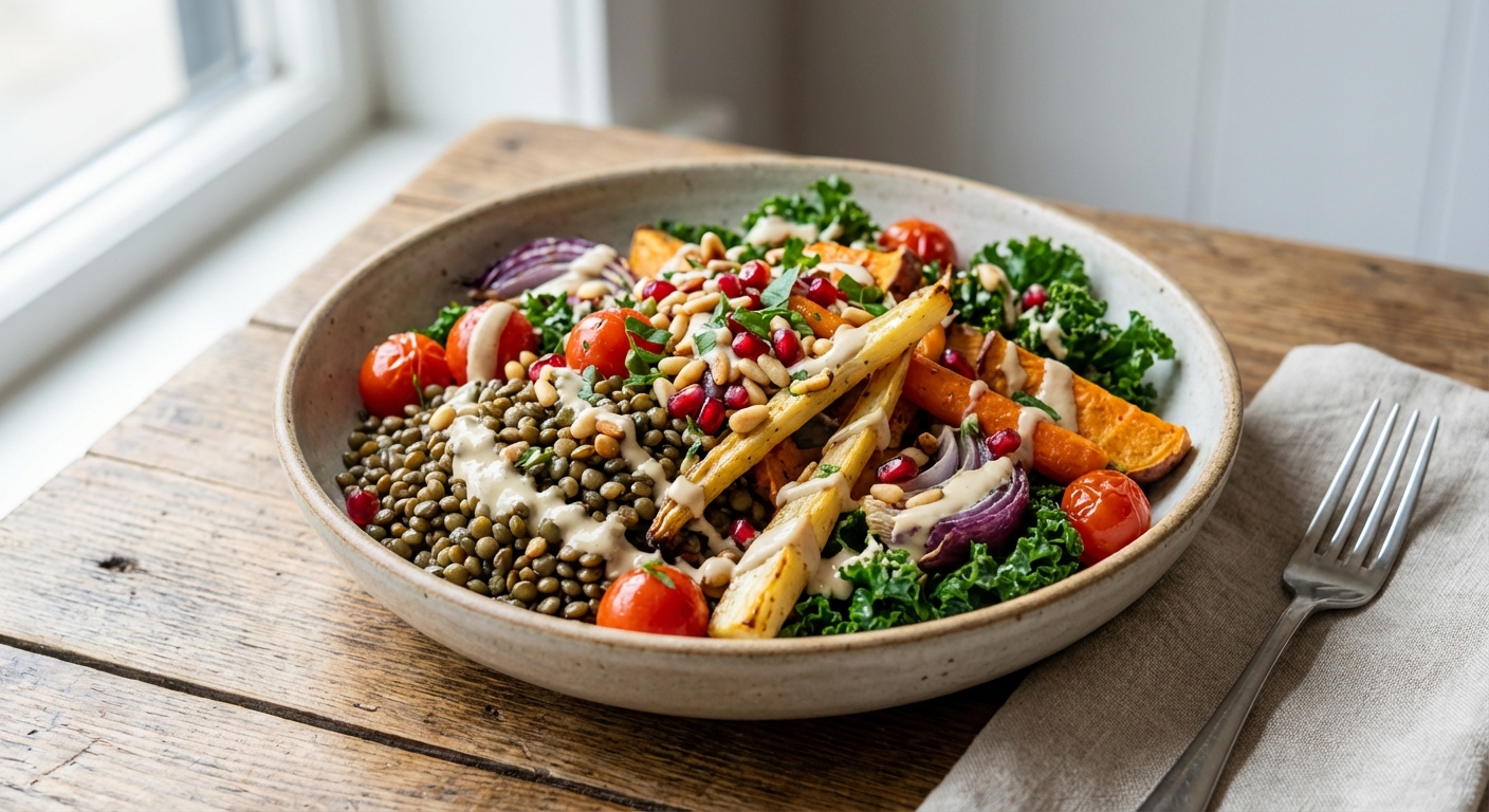 Warm Lentil & Roasted Vegetable Salad with Tahini Dressing