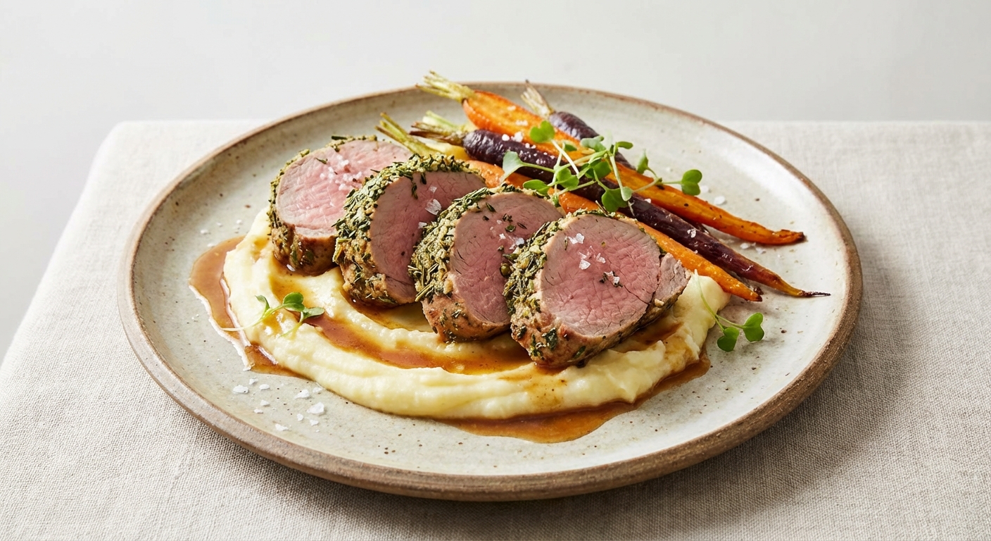 Herb-Crusted Pork Tenderloin with Roasted Carrots & Mashed Potatoes