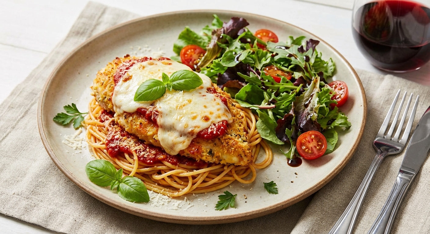 Baked Chicken Parmesan with Spaghetti and Side Salad
