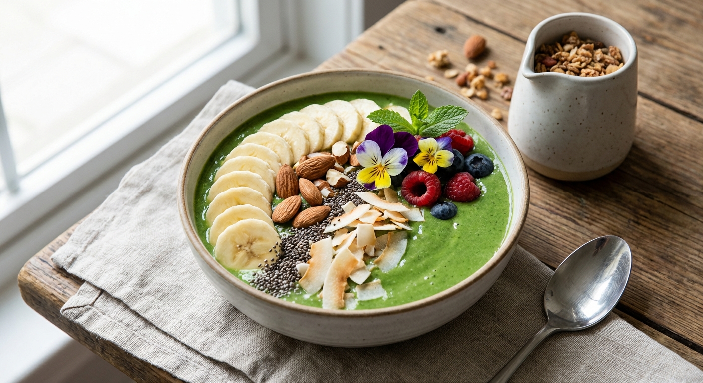 Green Protein Smoothie Bowl with Banana & Almonds