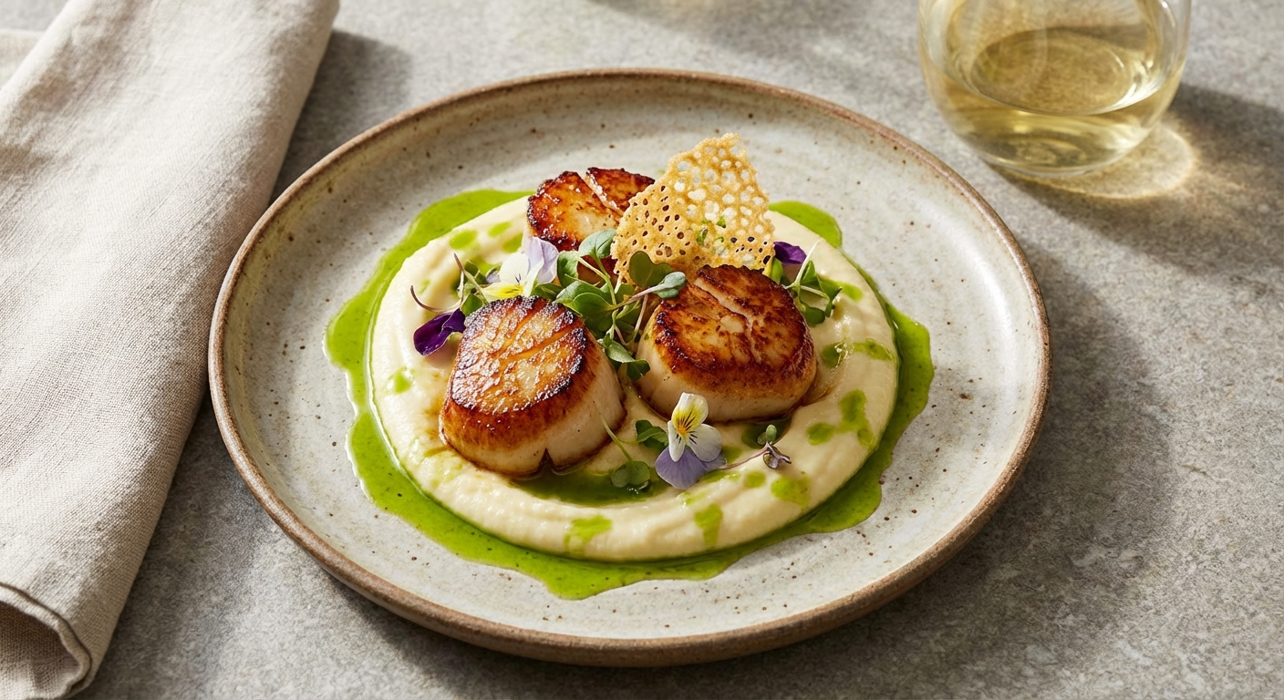 Seared Scallops with Cauliflower–Potato Purée and Lemon–Chive Oil