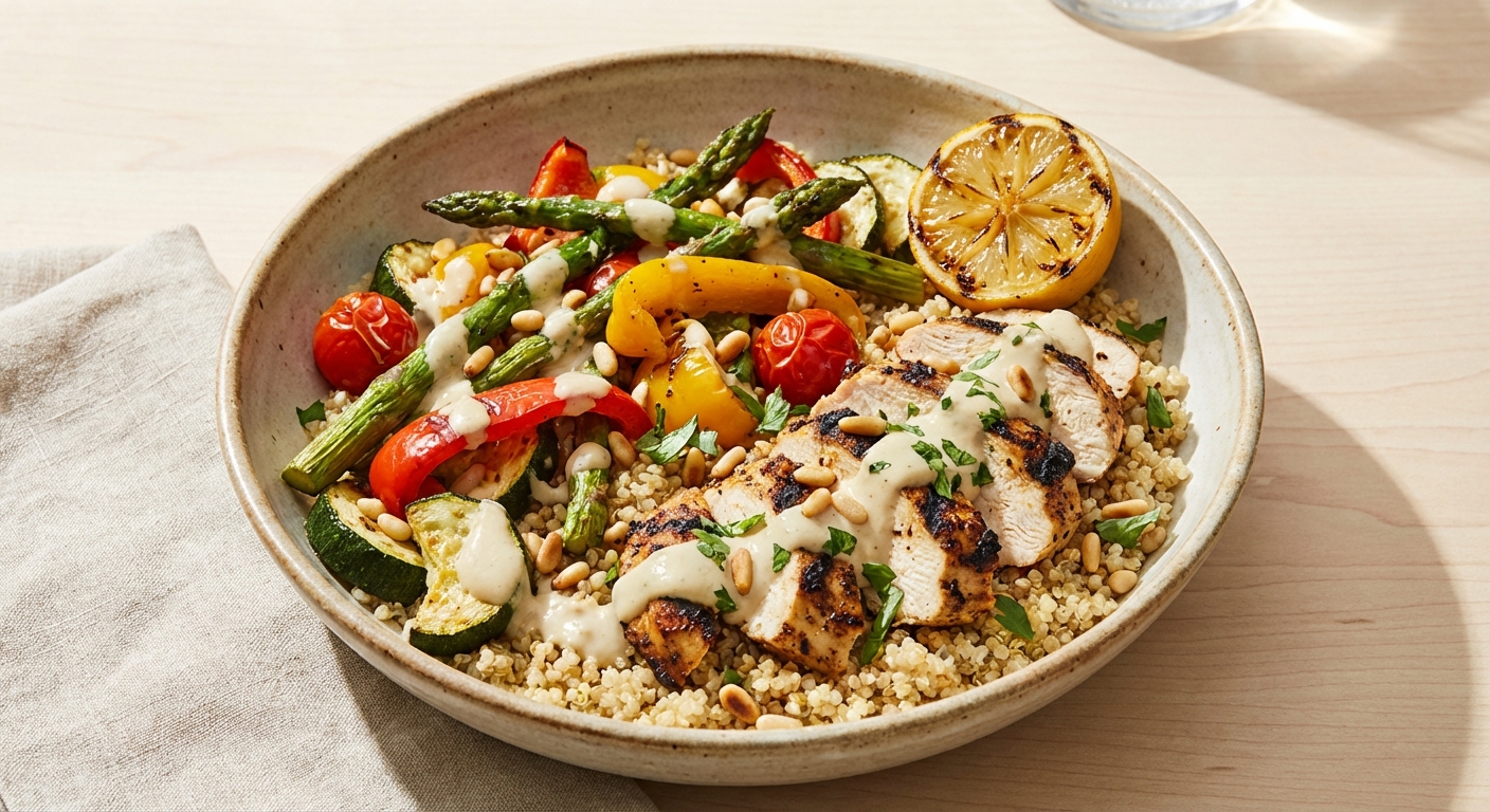 Grilled Lemon-Chicken Quinoa Bowl with Roasted Vegetables & Tahini-Lemon Dressing