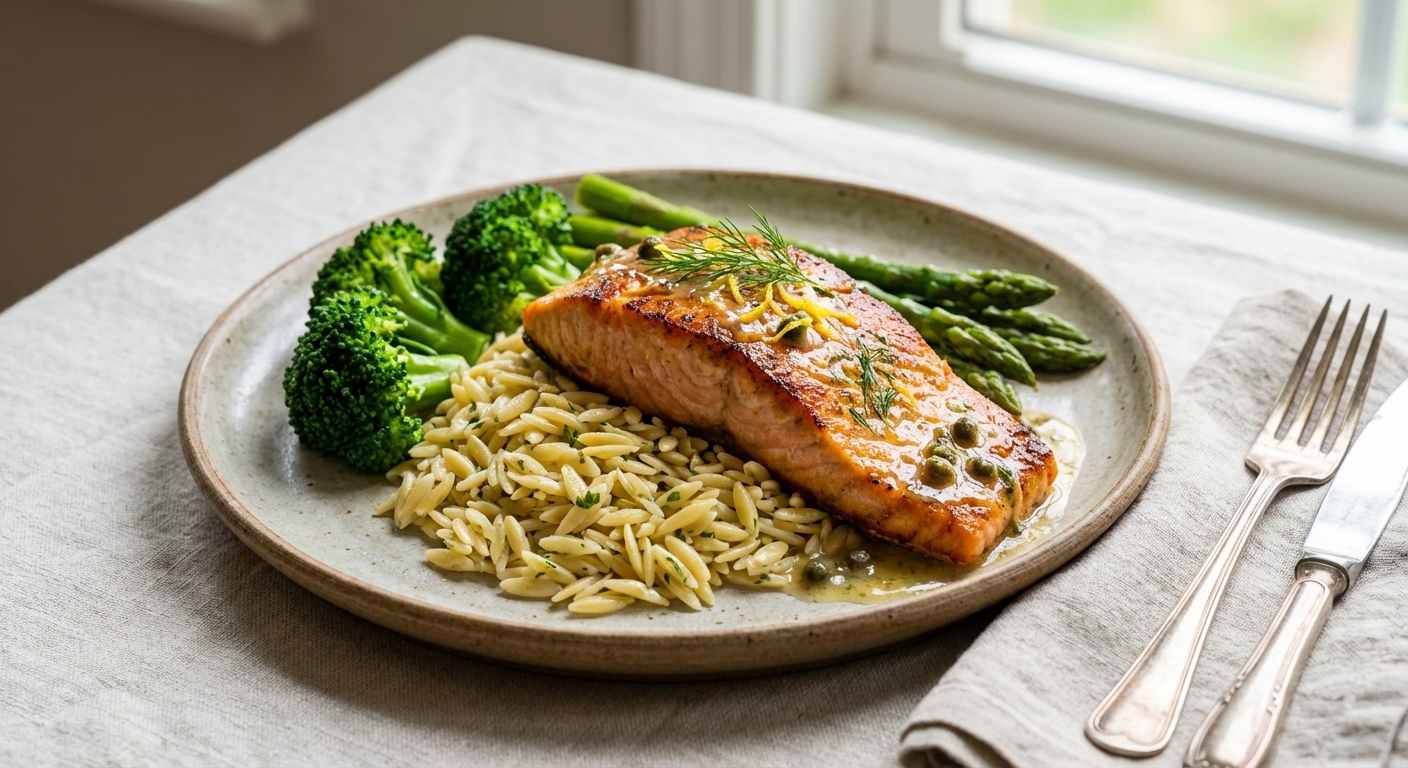 Grilled Salmon with Lemon-Caper Sauce, Herbed Orzo & Steamed Broccoli