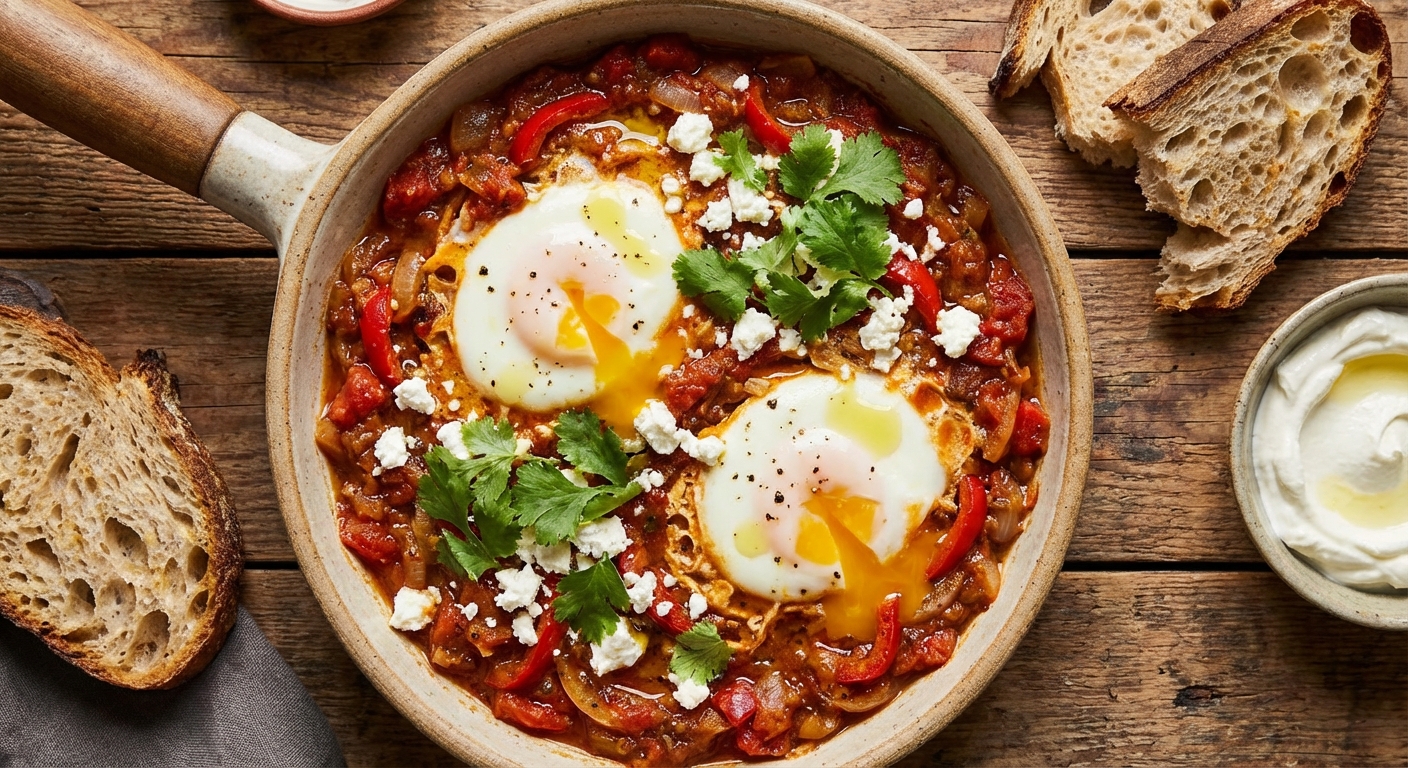 Shakshuka - Poached Eggs in Spiced Tomato & Pepper Sauce