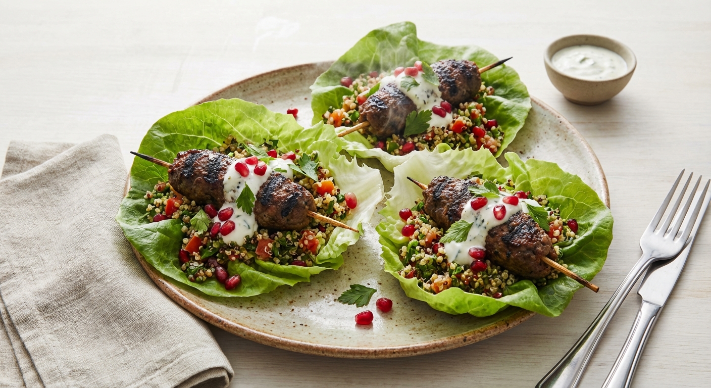 Beef Kofta Lettuce Cups with Quinoa–Tomato Tabouli