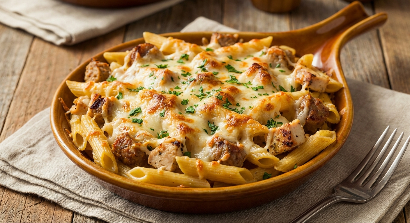Double-Protein Baked Penne with Three-Cheese Crust