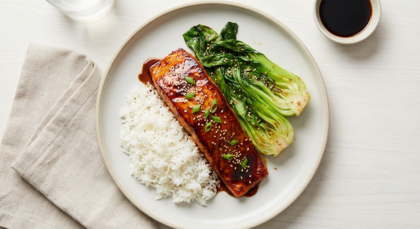 Ginger-Soy Glazed Salmon with Sesame Bok Choy and Jasmine Rice
