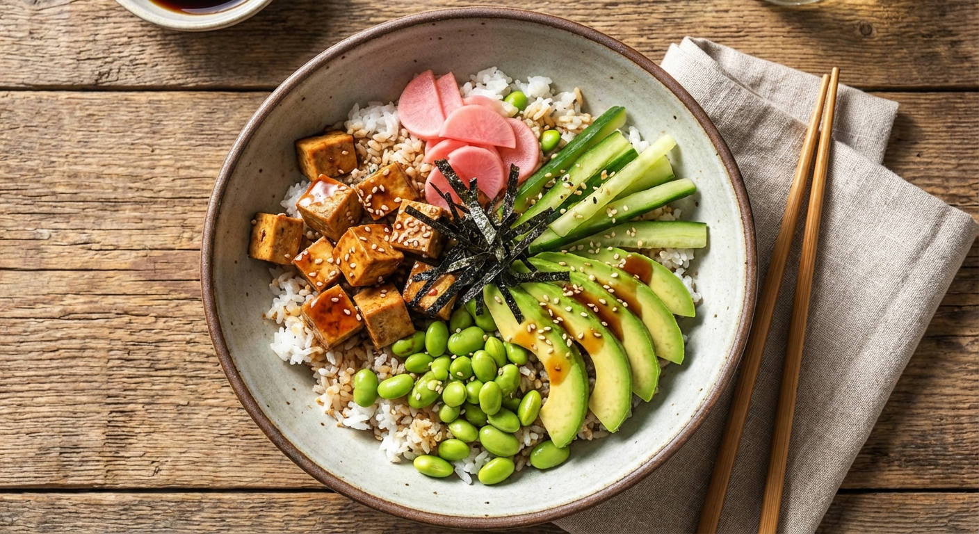 Sushi Bowl with Marinated Tofu, Avocado & Edamame
