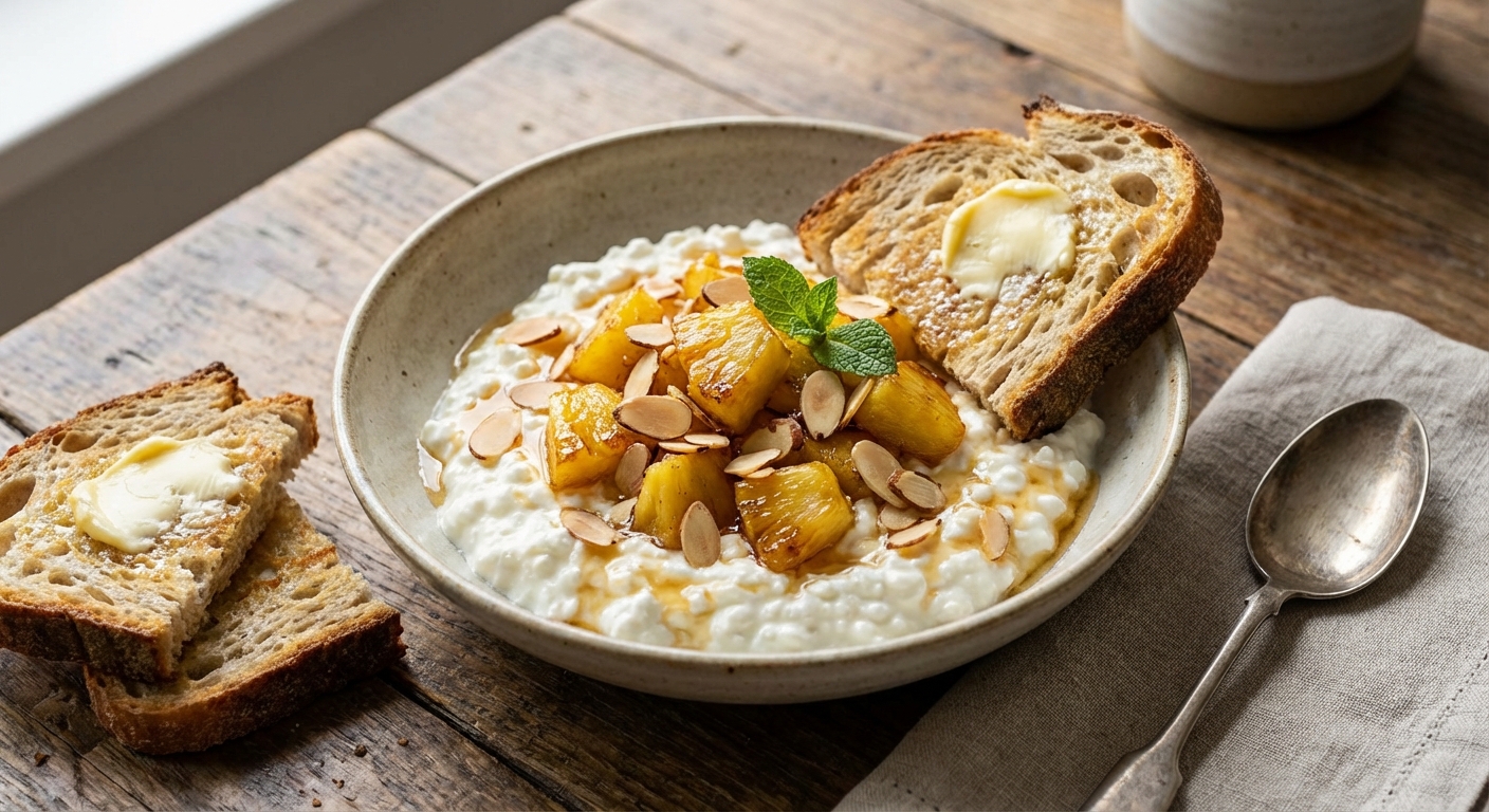 Cottage Cheese Bowl with Pineapple, Almonds & Toast