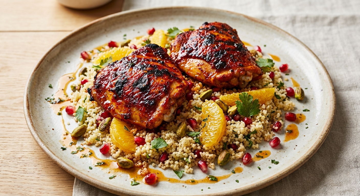 Harissa-Roasted Chicken Thighs with Pomegranate & Orange Couscous Salad