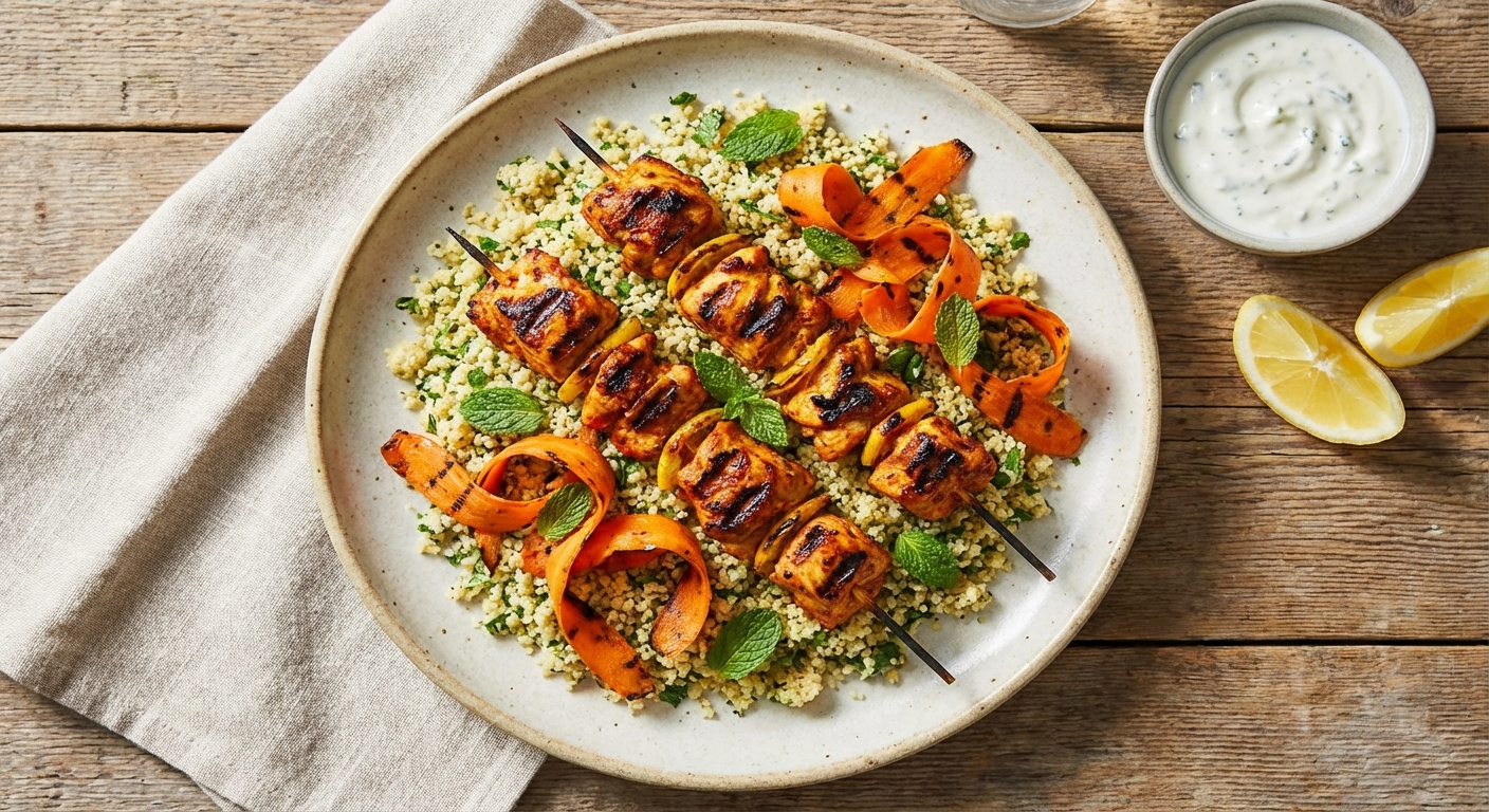 Grilled Harissa‑Lemon Chicken Skewers with Herb Couscous & Charred Carrot Ribbons