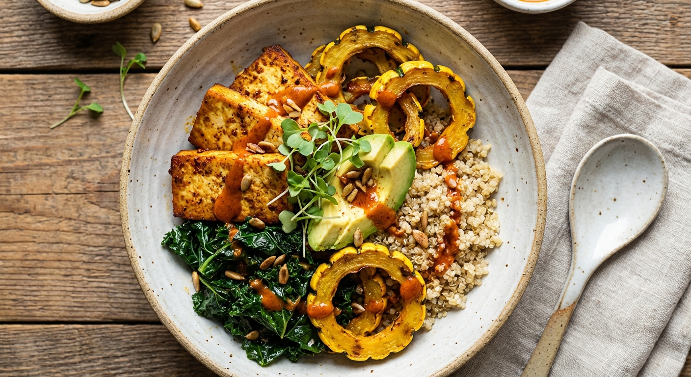 Smoky Tofu Scramble Bowl with Quinoa, Wilted Kale & Roasted Delicata Squash