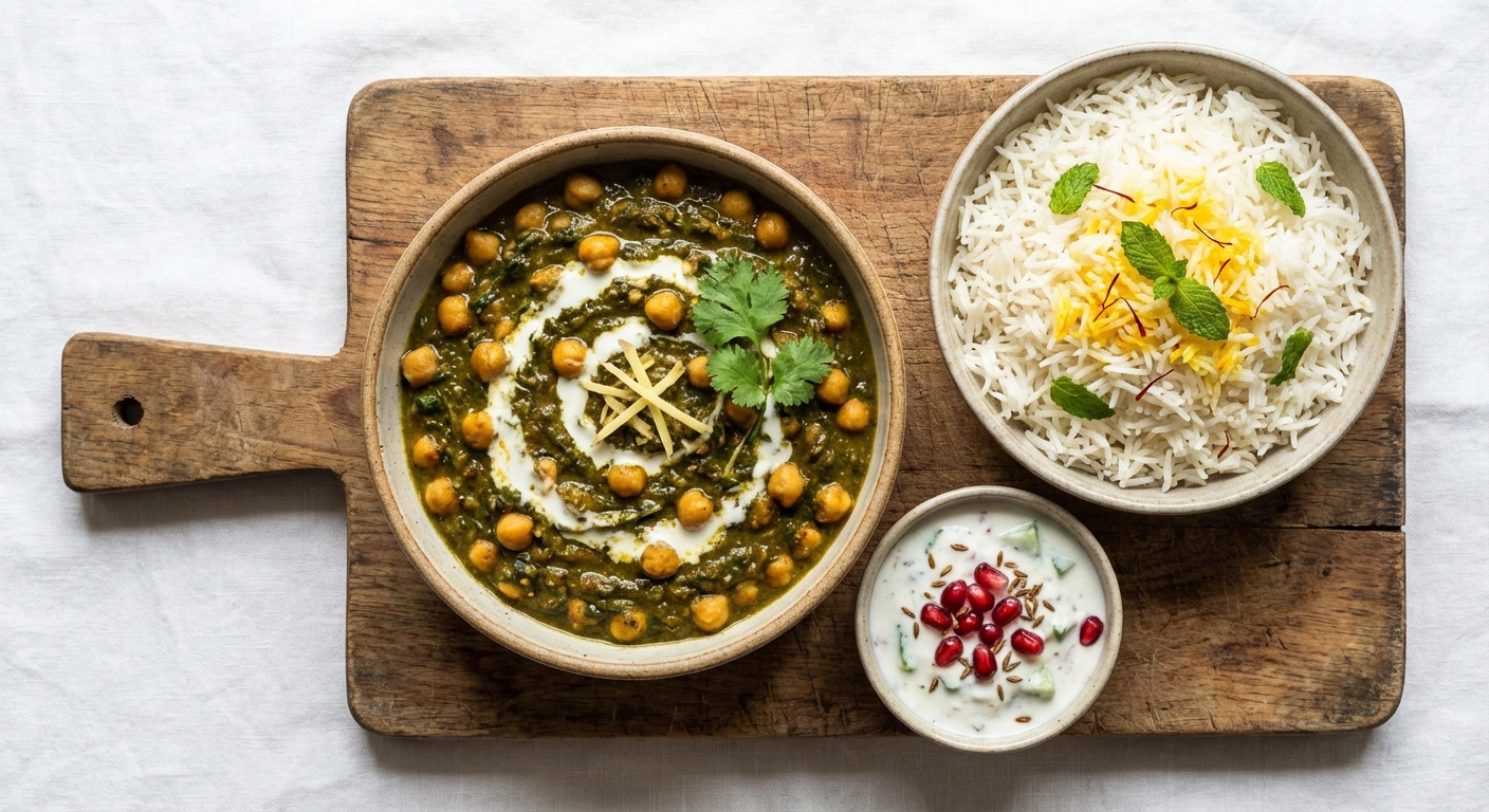 Chana Saag with Basmati Rice and Cucumber Raita