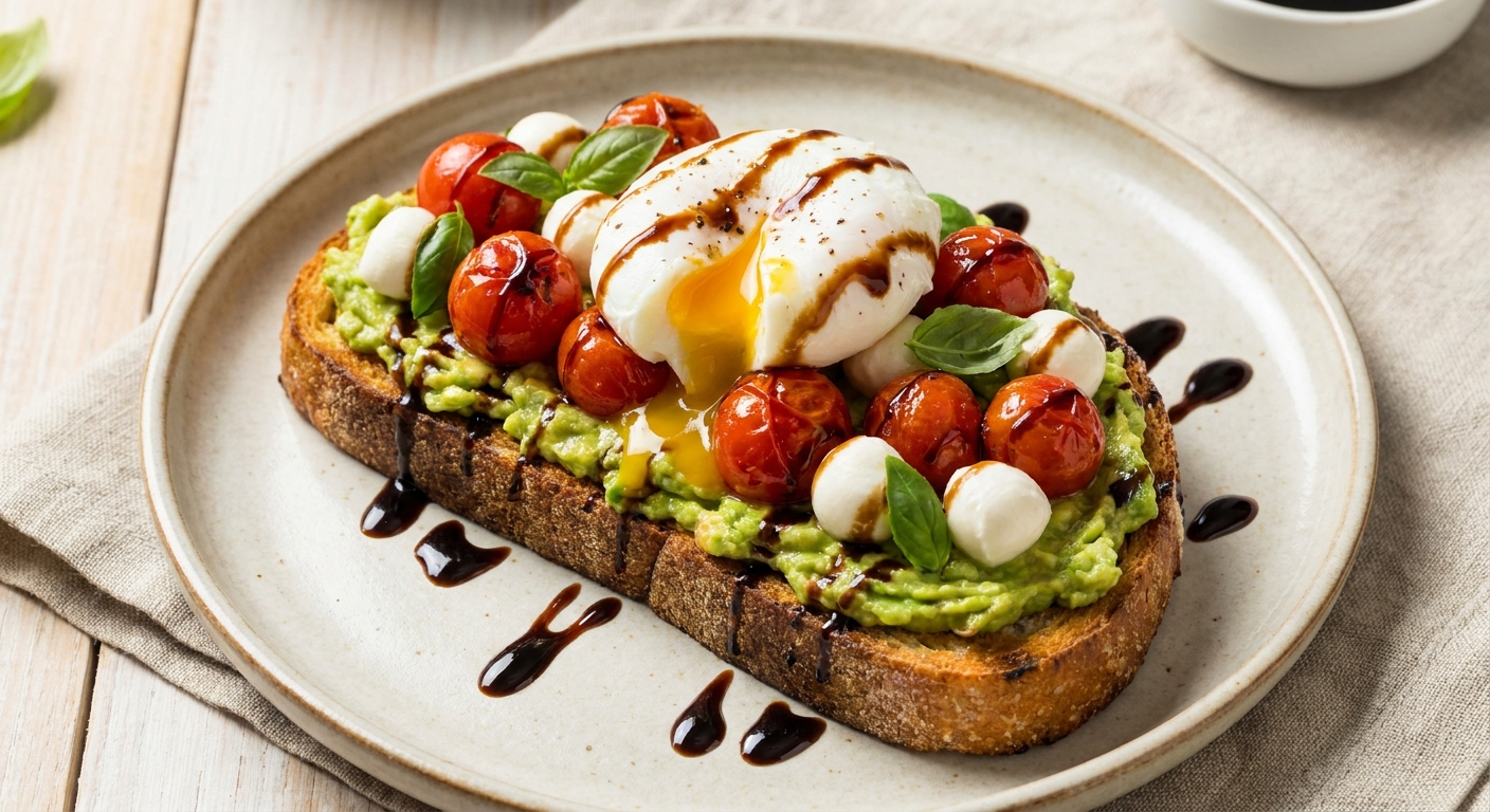 Caprese Avocado Toast with Poached Egg & Balsamic Reduction