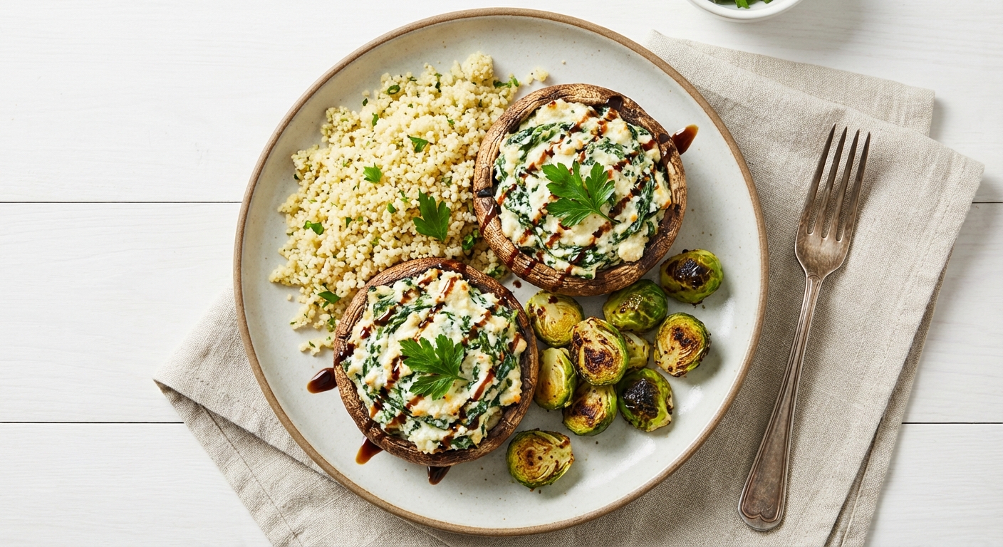 Ricotta-Spinach Stuffed Portobello Mushrooms with Garlic-Herb Couscous & Roasted Brussels Sprouts