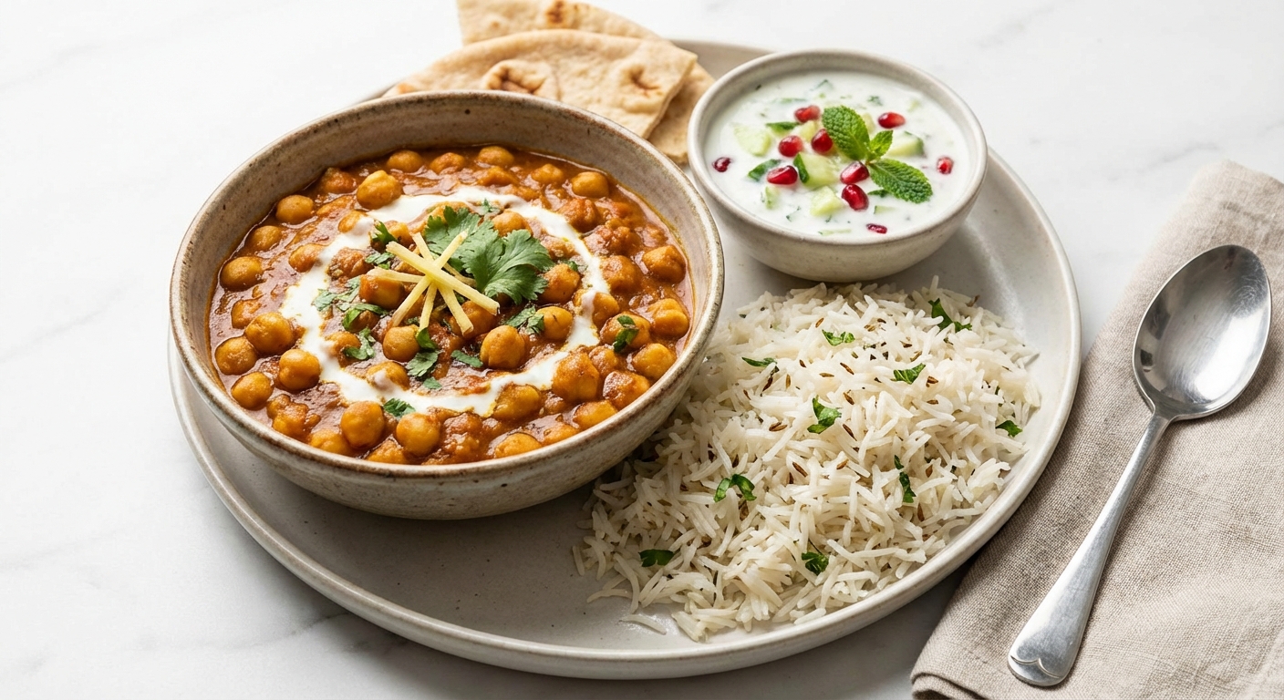 Chana Masala with Basmati Rice and Cucumber Raita