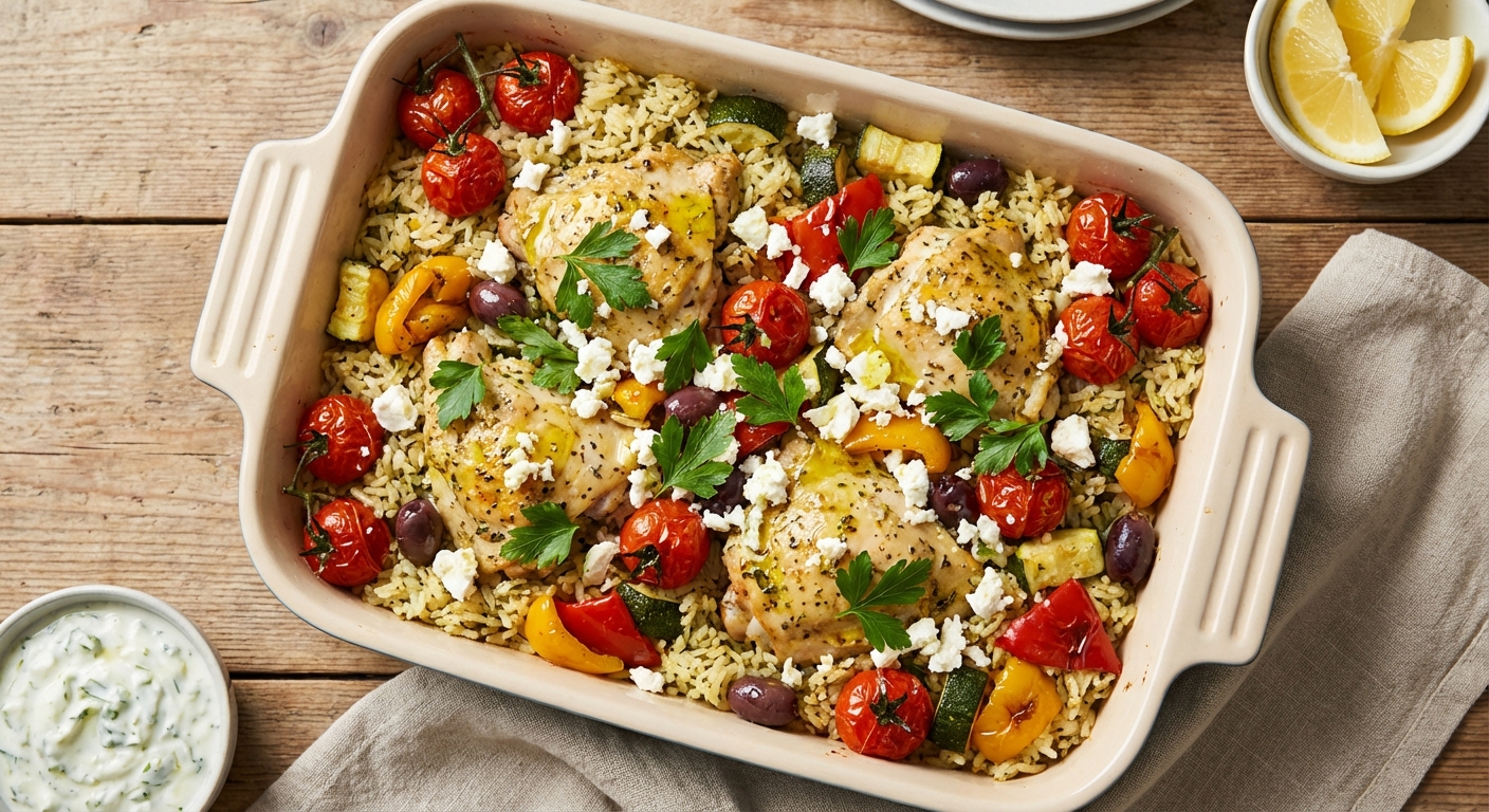 Mediterranean Chicken and Vegetable Rice Bake