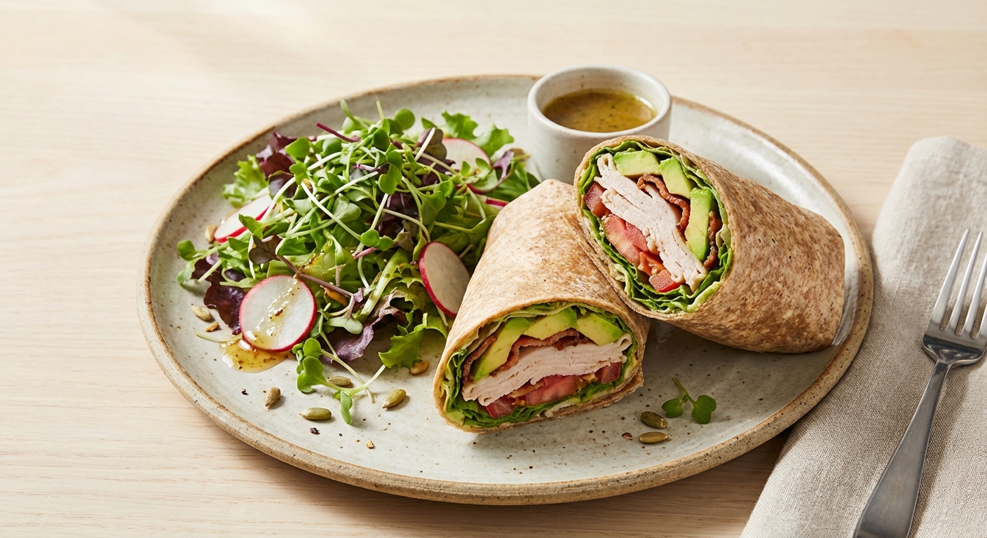 Turkey & Avocado Whole-Wheat Wrap with Mixed Green Salad