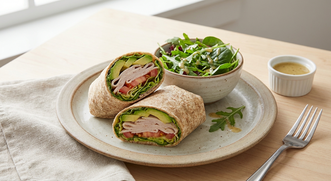 Turkey & Avocado Whole-Grain Wrap with Mixed Green Vinaigrette Salad